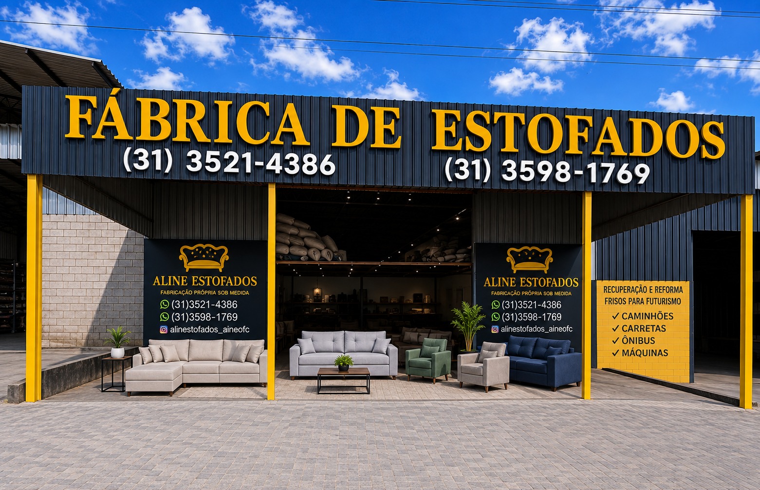 Fachada da fábrica Aline Estofados com sofás em exposição