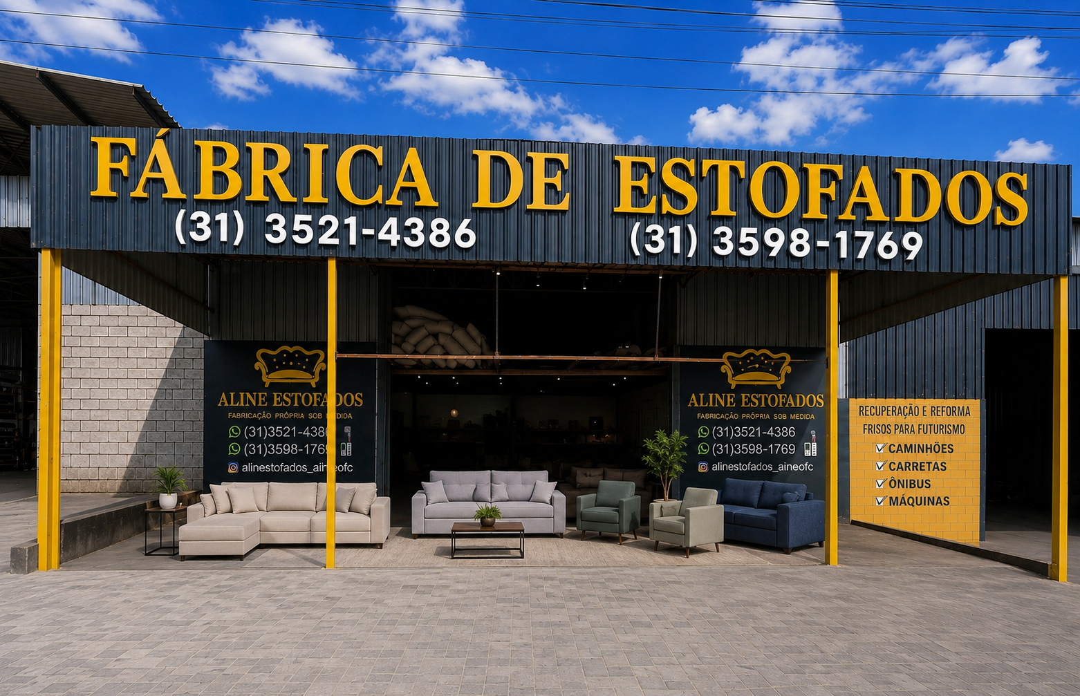 Fachada da fábrica Aline Estofados com sofás em exposição